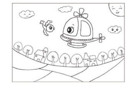 小鸟和和飞机儿童画线描绘画步骤01