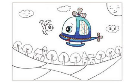 小鸟和和飞机儿童画线描绘画步骤02