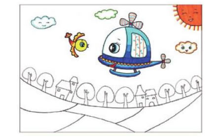 小鸟和和飞机儿童画线描绘画步骤04