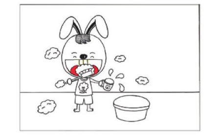 小兔子刷牙儿童画线描绘画步骤02