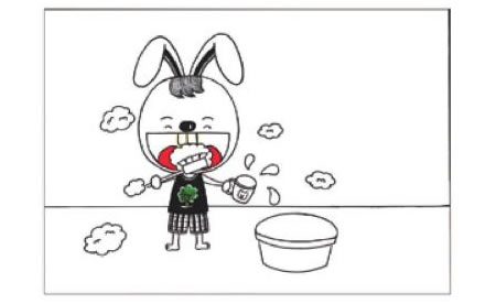 小兔子刷牙儿童画线描绘画步骤03