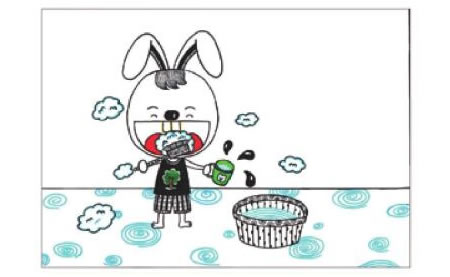 小兔子刷牙儿童画线描绘画步骤05
