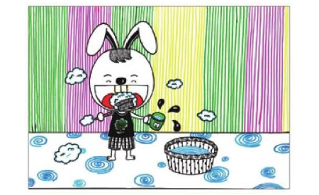 小兔子刷牙儿童画线描绘画步骤06