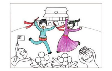 国庆节儿童画线描绘画步骤03