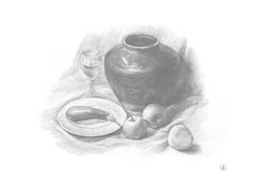 罐子、高脚杯、盘子和苹果组合素描画法