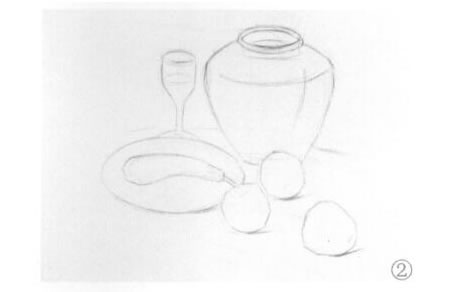 罐子、高脚杯、盘子和苹果组合素描画法步骤02