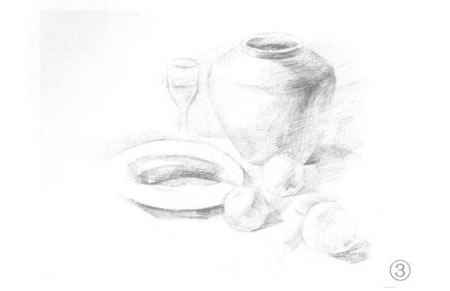 罐子、高脚杯、盘子和苹果组合素描画法步骤03