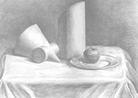 苹果、盘子和几何体组合素描画法