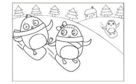 滑雪儿童画线描绘画步骤01