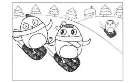 滑雪儿童画线描绘画步骤02