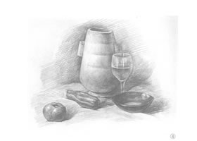 碗、高脚杯、西红柿和罐子组合素描画法