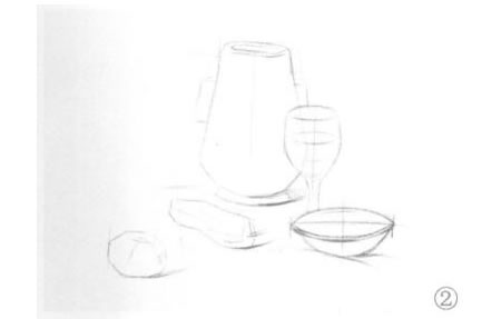 碗、高脚杯、西红柿和罐子组合素描画法步骤02