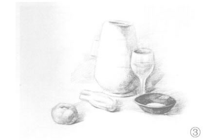 碗、高脚杯、西红柿和罐子组合素描画法步骤03