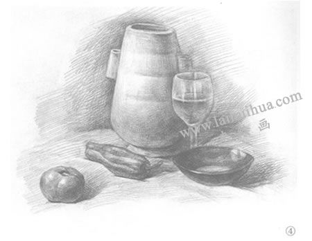 碗、高脚杯、西红柿和罐子组合素描画法步骤04