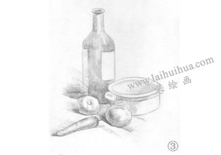 胡萝卜、洋葱和酒瓶组合素描画法步骤03