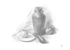 花瓶、盘子和苹果组合素描
