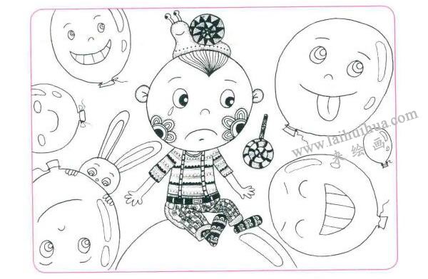 笑眯眯的大气球儿童线描画法步骤03