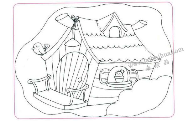漂亮的小木屋儿童线描画法步骤02