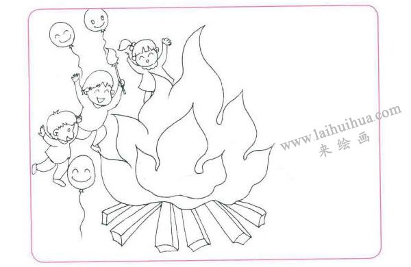 快乐的篝火晚会儿童线描画法步骤01