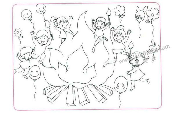 快乐的篝火晚会儿童线描画法步骤02