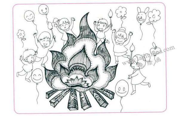 快乐的篝火晚会儿童线描画法步骤03