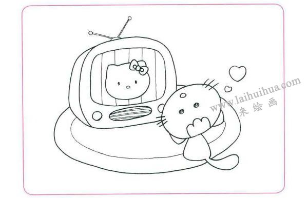 小花猫的电视机儿童线描画法步骤02