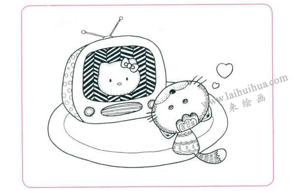 小花猫的电视机儿童线描画法步骤03