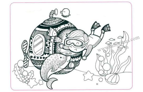 海底的世界儿童线描画法步骤03