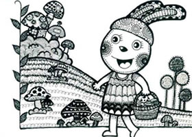 采蘑菇的小白兔儿童线描画法步骤