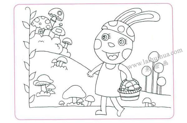 采蘑菇的小白兔儿童线描画法步骤02
