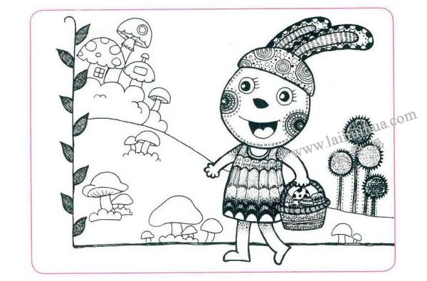采蘑菇的小白兔儿童线描画法步骤03