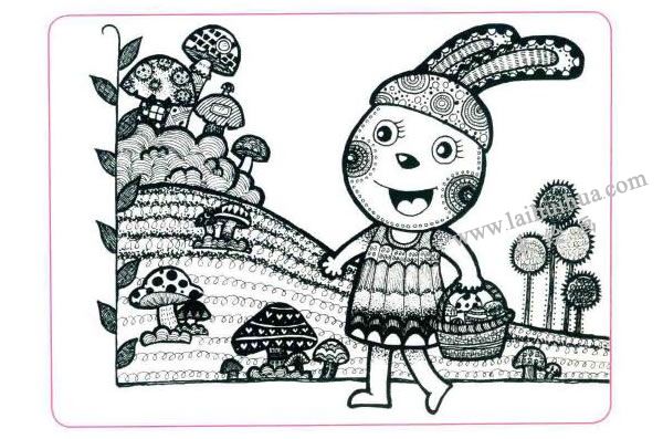 采蘑菇的小白兔儿童线描画法步骤04