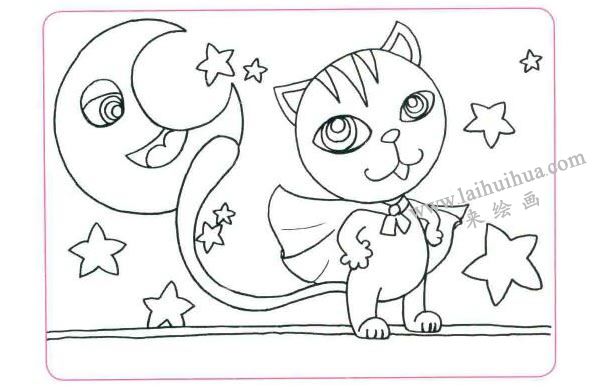 勇敢的小猫咪儿童线描画法步骤02