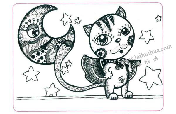 勇敢的小猫咪儿童线描画法步骤03