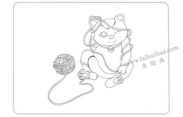 小花猫玩线团儿童线描画法步骤02