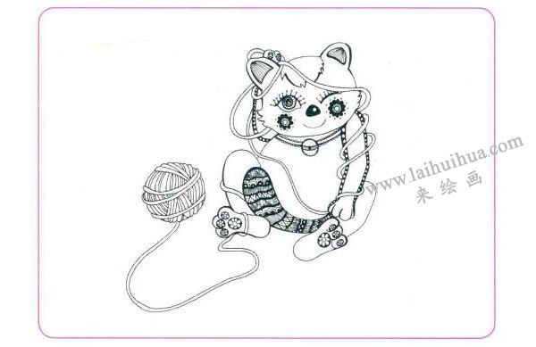 小花猫玩线团儿童线描画法步骤03