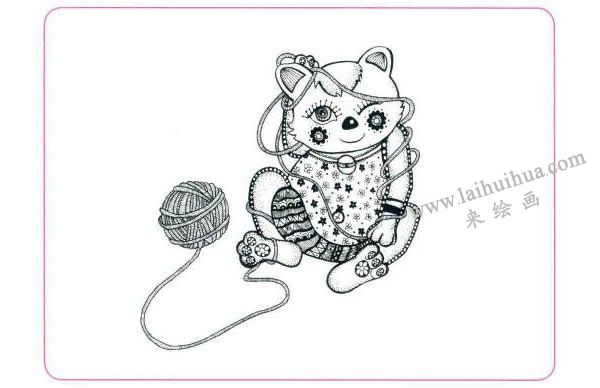 小花猫玩线团儿童线描画法步骤04