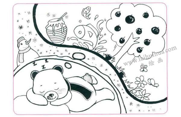 冬眠的大棕熊儿童线描画法步骤图示03