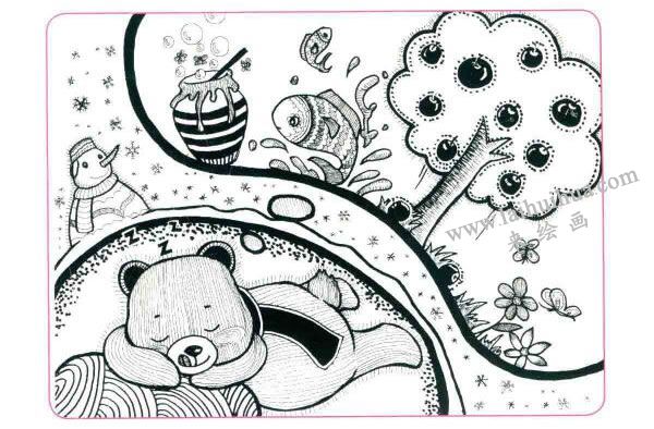 冬眠的大棕熊儿童线描画法步骤图示04