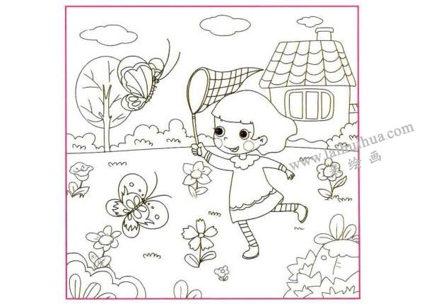 追蝴蝶的小女孩儿童线描画法步骤图示02