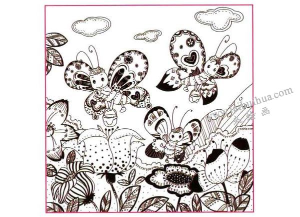 采蜜的花蝴蝶儿童线描画法步骤图示04