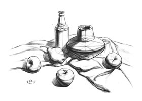 陶罐、酒瓶与水果的结构素描表现步骤