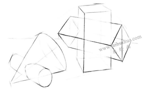 两个几何体组合的结构素描表现步骤02