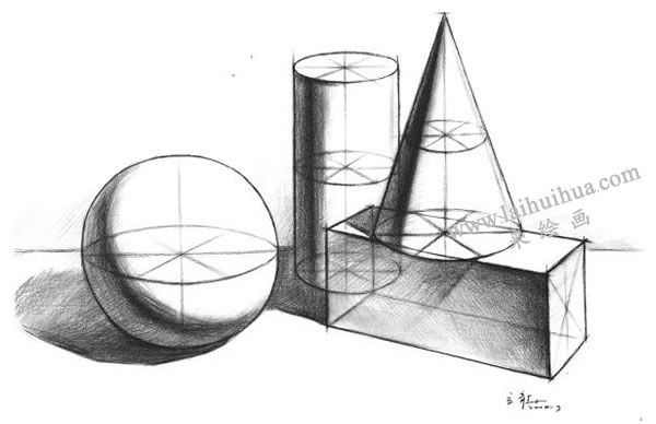 四个几何体组合的结构素描表现步骤04