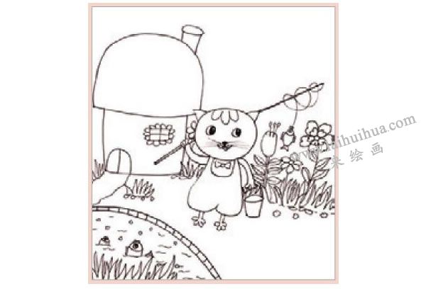 小猫钓鱼儿童装饰画作画步骤图示02