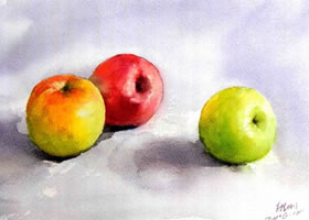 红苹果和绿苹果水彩画法