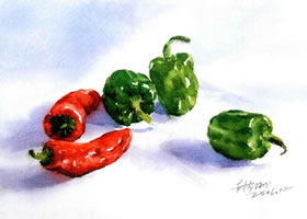 红辣椒与绿辣椒水彩画法