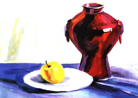 陶罐、盘子和苹果水粉画法