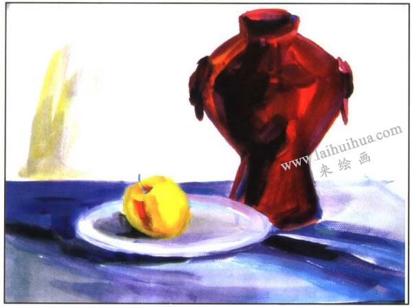 陶罐、盘子和苹果水粉画法步骤图示03