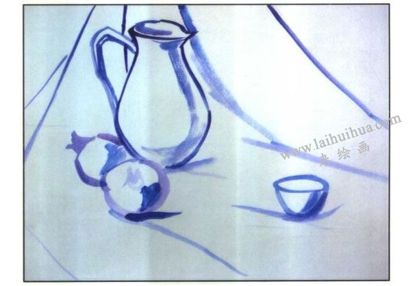 瓷瓶、石榴和瓷杯组合水粉画法步骤图示01